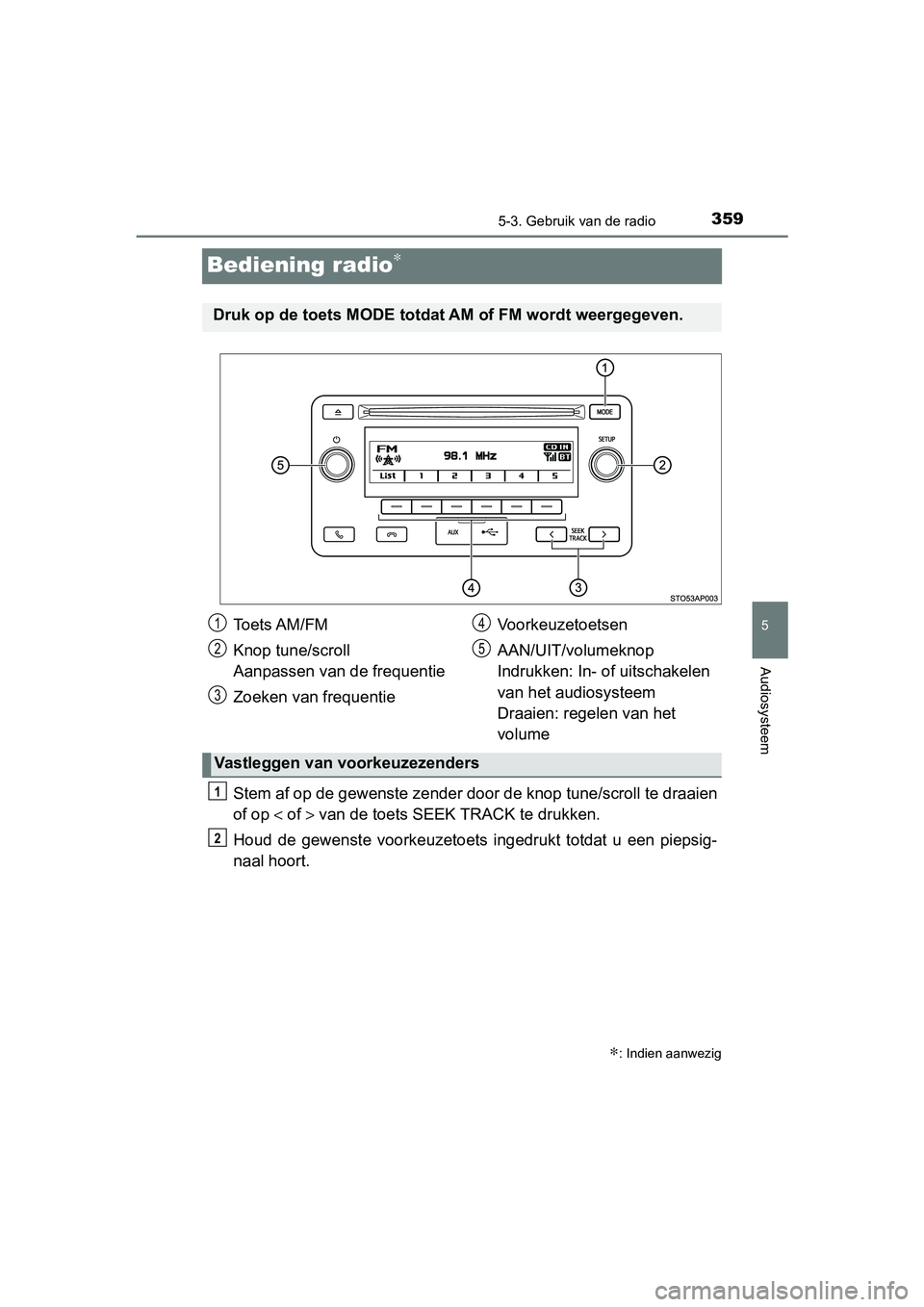 TOYOTA YARIS 2019 Instructieboekje (in Dutch) 359
5
5-3. Gebruik van de radio
Audiosysteem
YARIS_HV_OM_Europe_OM52K29E
Bediening radio∗
Stem af op de gewenste zender door de knop tune/scroll te draaien
of op < of > van de toets SEEK TRACK te d TOYOTA YARIS 2019 Instructieboekje (in Dutch) 359
5
5-3. Gebruik van de radio
Audiosysteem
YARIS_HV_OM_Europe_OM52K29E
Bediening radio∗
Stem af op de gewenste zender door de knop tune/scroll te draaien
of op < of > van de toets SEEK TRACK te d