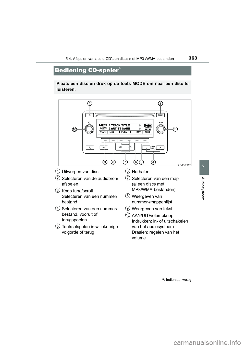 TOYOTA YARIS 2019  Instructieboekje (in Dutch) 363
5
5-4. Afspelen van audio-CD's en discs met MP3-/WMA-bestanden
Audiosysteem
YARIS_HV_OM_Europe_OM52K29E
Bediening CD-speler∗
∗: Indien aanwezig
Plaats  een  disc  en  druk  op  de  toets  