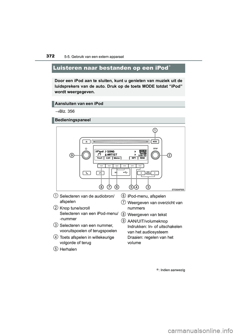 TOYOTA YARIS 2019 Instructieboekje (in Dutch) 3725-5. Gebruik van een extern apparaat
YARIS_HV_OM_Europe_OM52K29E
Luisteren naar bestanden op een iPod∗
→Blz. 356
∗: Indien aanwezig
Door een iPod aan te sluiten, kunt u genieten van muziek ui TOYOTA YARIS 2019 Instructieboekje (in Dutch) 3725-5. Gebruik van een extern apparaat
YARIS_HV_OM_Europe_OM52K29E
Luisteren naar bestanden op een iPod∗
→Blz. 356
∗: Indien aanwezig
Door een iPod aan te sluiten, kunt u genieten van muziek ui