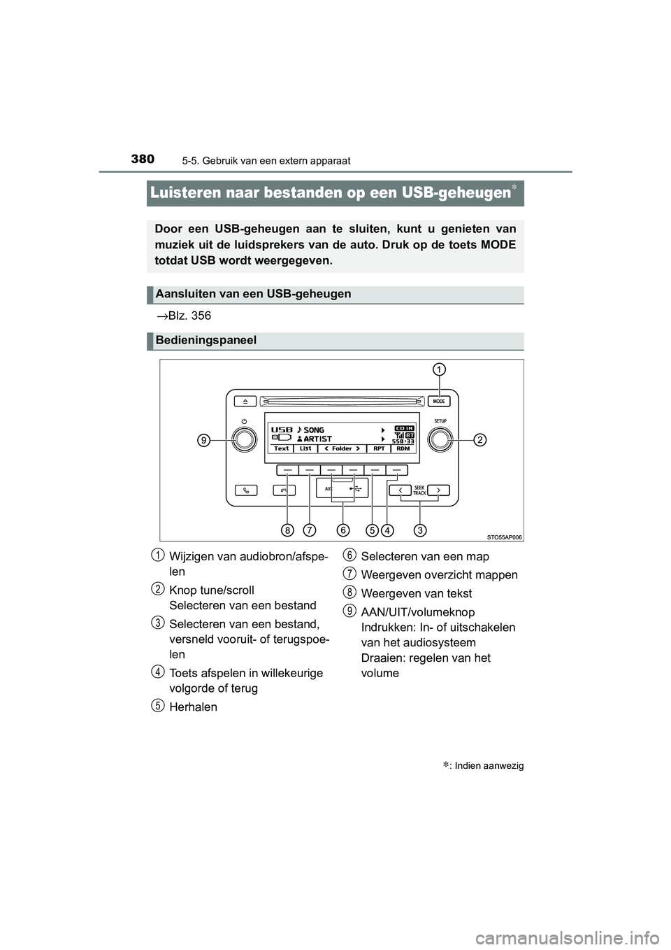TOYOTA YARIS 2019 Instructieboekje (in Dutch) 3805-5. Gebruik van een extern apparaat
YARIS_HV_OM_Europe_OM52K29E
Luisteren naar bestanden op een USB-geheugen∗
→Blz. 356
∗: Indien aanwezig
Door een USB-geheugen aan te sluiten, kunt u TOYOTA YARIS 2019 Instructieboekje (in Dutch) 3805-5. Gebruik van een extern apparaat
YARIS_HV_OM_Europe_OM52K29E
Luisteren naar bestanden op een USB-geheugen∗
→Blz. 356
∗: Indien aanwezig
Door een USB-geheugen aan te sluiten, kunt u