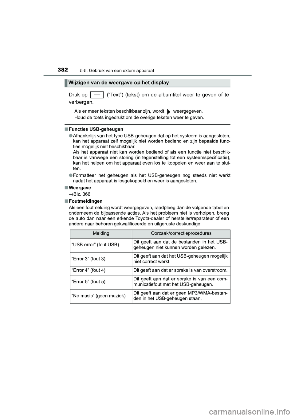 TOYOTA YARIS 2019 Instructieboekje (in Dutch) 3825-5. Gebruik van een extern apparaat
YARIS_HV_OM_Europe_OM52K29E
Druk op (“Text”) (tekst) om de albumtitel weer te geven of te
verbergen.
Als er meer teksten beschikbaar zijn, wordt TOYOTA YARIS 2019 Instructieboekje (in Dutch) 3825-5. Gebruik van een extern apparaat
YARIS_HV_OM_Europe_OM52K29E
Druk op (“Text”) (tekst) om de albumtitel weer te geven of te
verbergen.
Als er meer teksten beschikbaar zijn, wordt