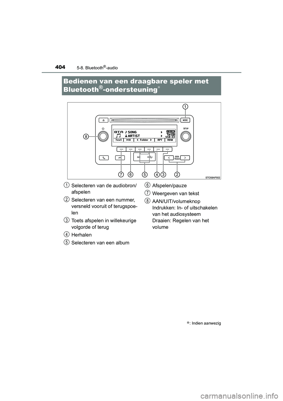 TOYOTA YARIS 2019  Instructieboekje (in Dutch) 4045-8. Bluetooth®-audio
YARIS_HV_OM_Europe_OM52K29E
Bedienen van een draagbare speler met 
Bluetooth
®-ondersteuning∗
∗: Indien aanwezig
Selecteren van de audiobron/
afspelen
Selecteren van een
