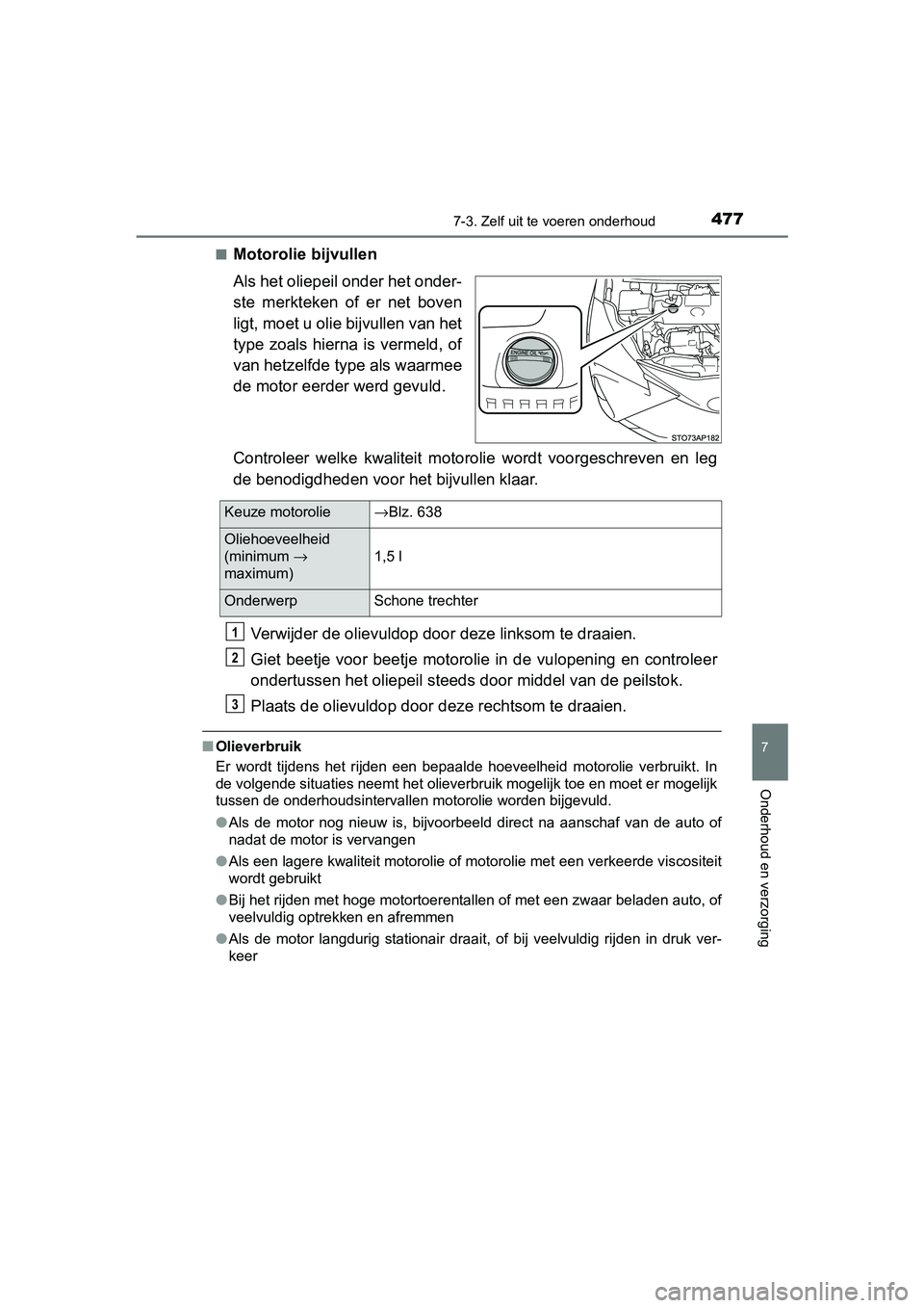 TOYOTA YARIS 2019 Instructieboekje (in Dutch) 4777-3. Zelf uit te voeren onderhoud
7
Onderhoud en verzorging
YARIS_HV_OM_Europe_OM52K29E■
Motorolie bijvullen
Als het oliepeil onder het onder-
ste merkteken of er net boven
ligt, moet u olie TOYOTA YARIS 2019 Instructieboekje (in Dutch) 4777-3. Zelf uit te voeren onderhoud
7
Onderhoud en verzorging
YARIS_HV_OM_Europe_OM52K29E■
Motorolie bijvullen
Als het oliepeil onder het onder-
ste merkteken of er net boven
ligt, moet u olie