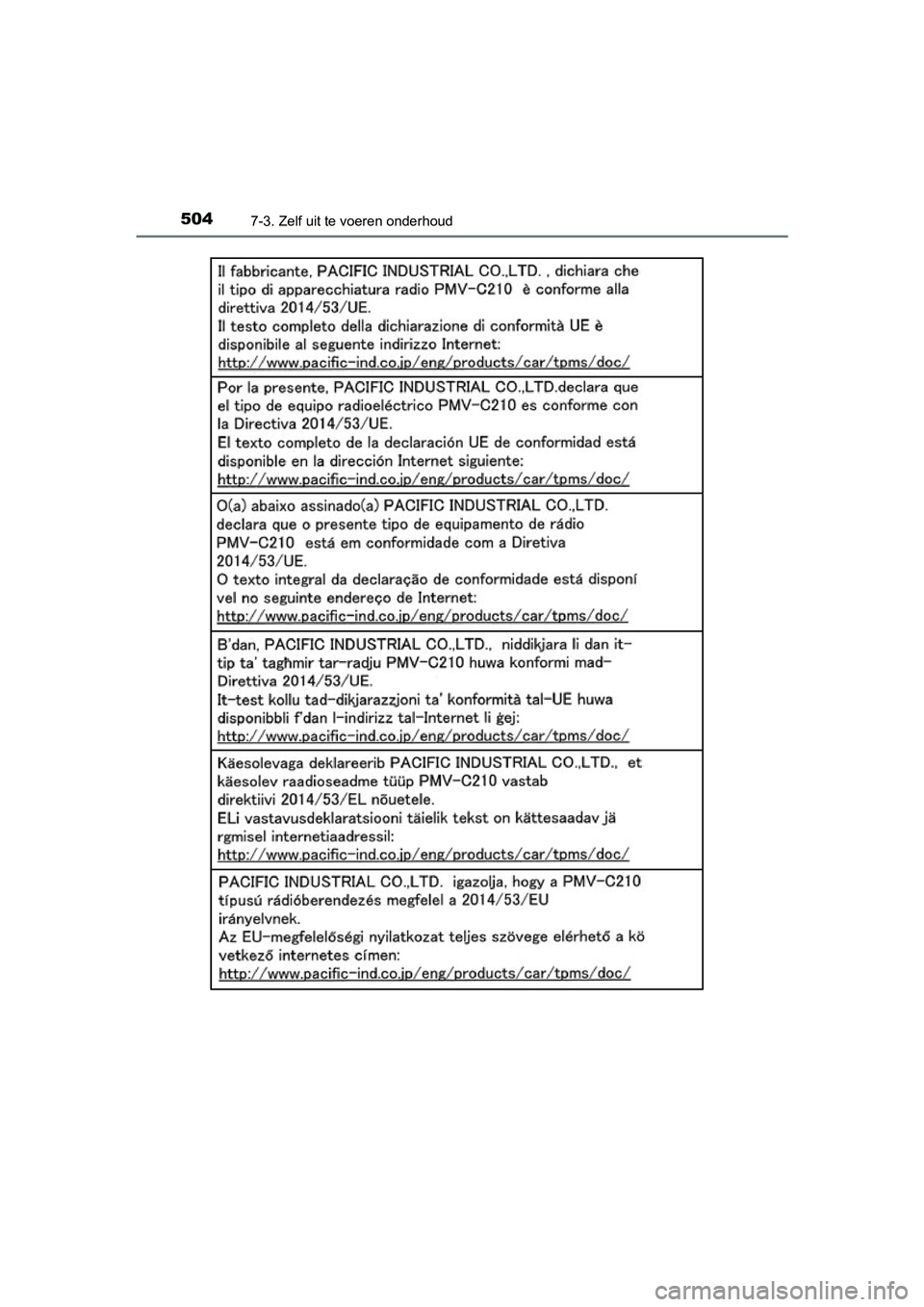 TOYOTA YARIS 2019  Instructieboekje (in Dutch) 5047-3. Zelf uit te voeren onderhoud
YARIS_HV_OM_Europe_OM52K29E
YARIS_HV_OM_Europe_OM52K29E.book  Page 504  Monday, October 8, 2018  11:51 AM 