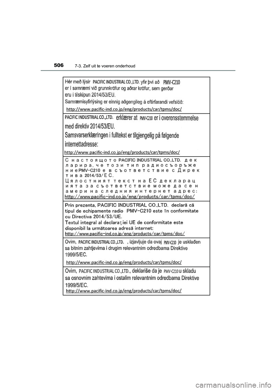 TOYOTA YARIS 2019  Instructieboekje (in Dutch) 5067-3. Zelf uit te voeren onderhoud
YARIS_HV_OM_Europe_OM52K29E
YARIS_HV_OM_Europe_OM52K29E.book  Page 506  Monday, October 8, 2018  11:51 AM 