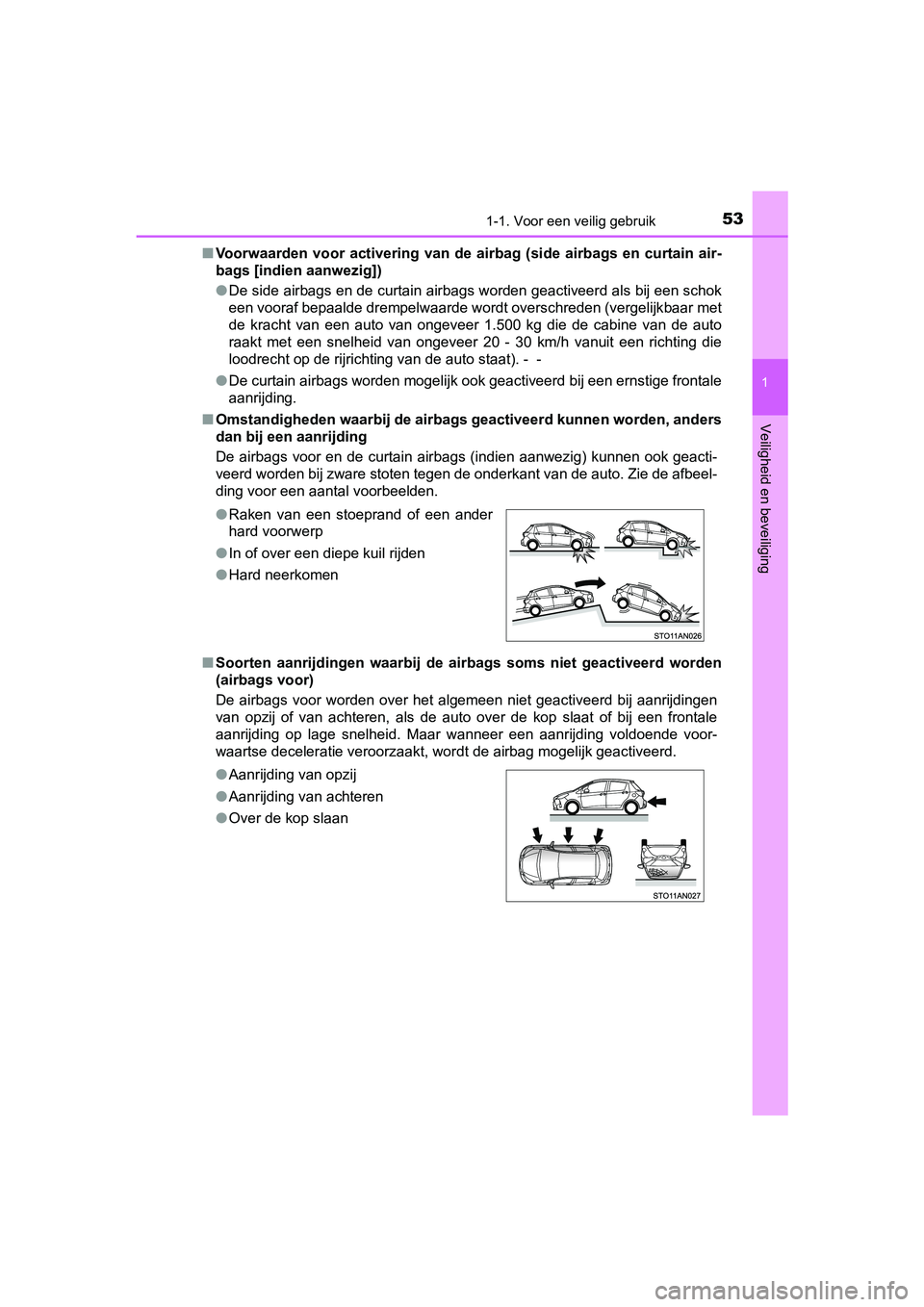 TOYOTA YARIS 2019  Instructieboekje (in Dutch) 531-1. Voor een veilig gebruik
1
Veiligheid en beveiliging
YARIS_HV_OM_Europe_OM52K29E■
Voorwaarden  voor  activering  van  d e  airbag  (side  airbags  en  curtain  air-
bags [indien aanwezig])
●