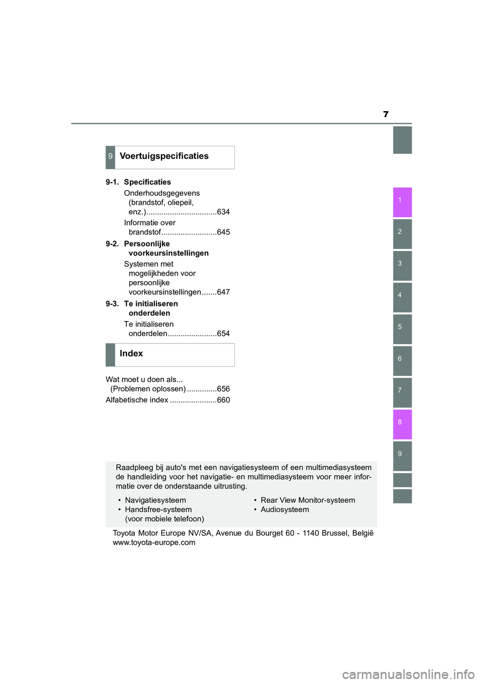 TOYOTA YARIS 2019  Instructieboekje (in Dutch) 7
1
7
8 6 5
4
3
2
9
YARIS_HV_OM_Europe_OM52K29E9-1. Specificaties
Onderhoudsgegevens (brandstof, oliepeil, 
enz.).................................634
Informatie over  brandstof........................