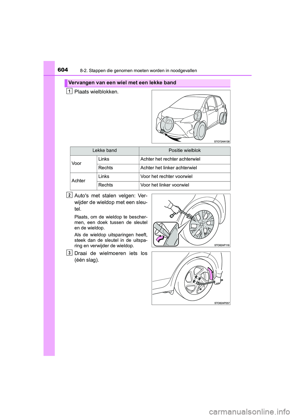 TOYOTA YARIS 2019 Instructieboekje (in Dutch) 6048-2. Stappen die genomen moeten worden in noodgevallen
YARIS_HV_OM_Europe_OM52K29E
Plaats wielblokken.
Auto's met stalen velgen: Ver-
wijder de wieldop met een sleu-
tel.
Plaats, om de w TOYOTA YARIS 2019 Instructieboekje (in Dutch) 6048-2. Stappen die genomen moeten worden in noodgevallen
YARIS_HV_OM_Europe_OM52K29E
Plaats wielblokken.
Auto's met stalen velgen: Ver-
wijder de wieldop met een sleu-
tel.
Plaats, om de w