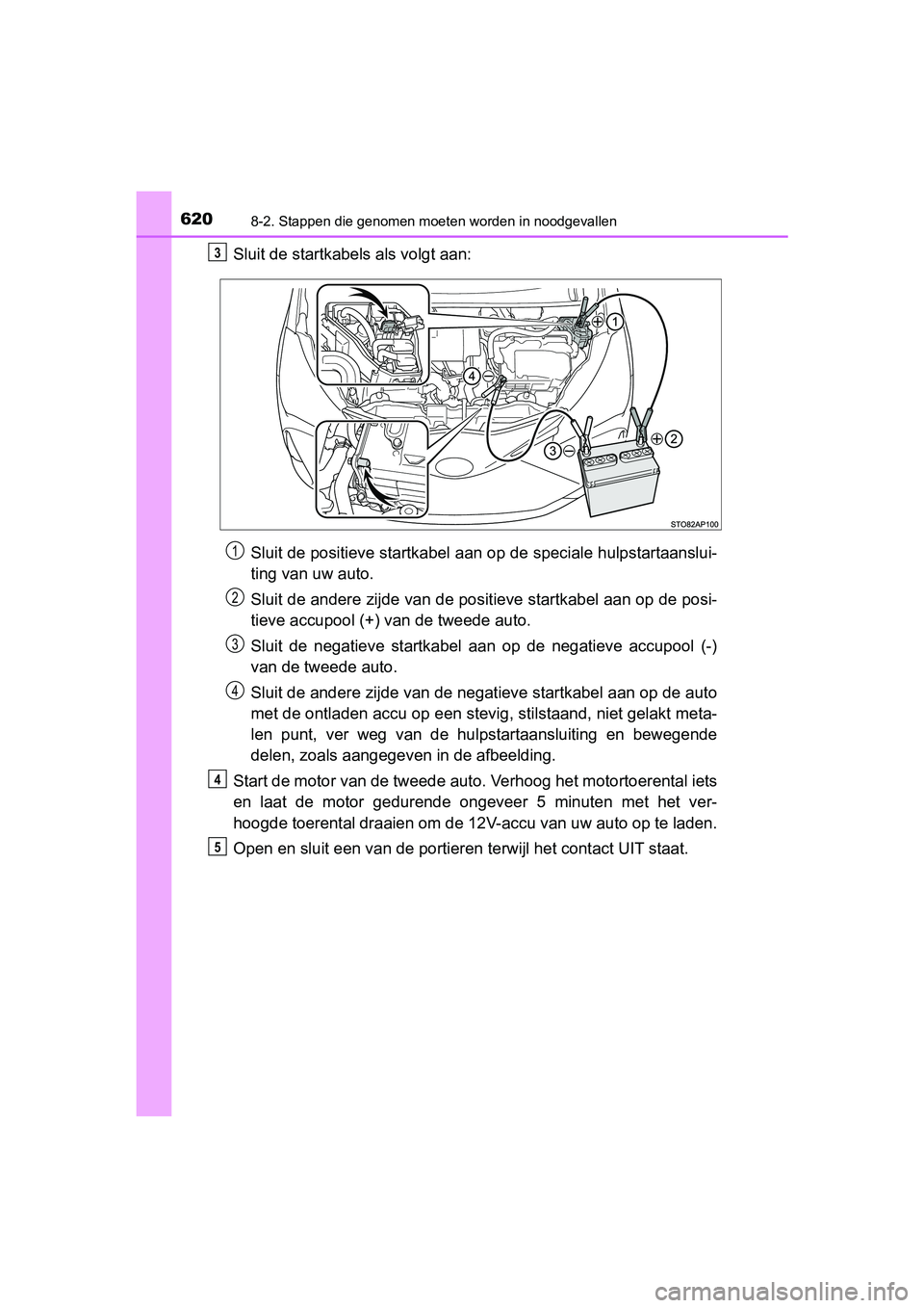 TOYOTA YARIS 2019 Instructieboekje (in Dutch) 6208-2. Stappen die genomen moeten worden in noodgevallen
YARIS_HV_OM_Europe_OM52K29E
Sluit de startkabels als volgt aan:
Sluit de positieve startkabel aan op de speciale hulpstartaansl ui-
ting van TOYOTA YARIS 2019 Instructieboekje (in Dutch) 6208-2. Stappen die genomen moeten worden in noodgevallen
YARIS_HV_OM_Europe_OM52K29E
Sluit de startkabels als volgt aan:
Sluit de positieve startkabel aan op de speciale hulpstartaansl ui-
ting van