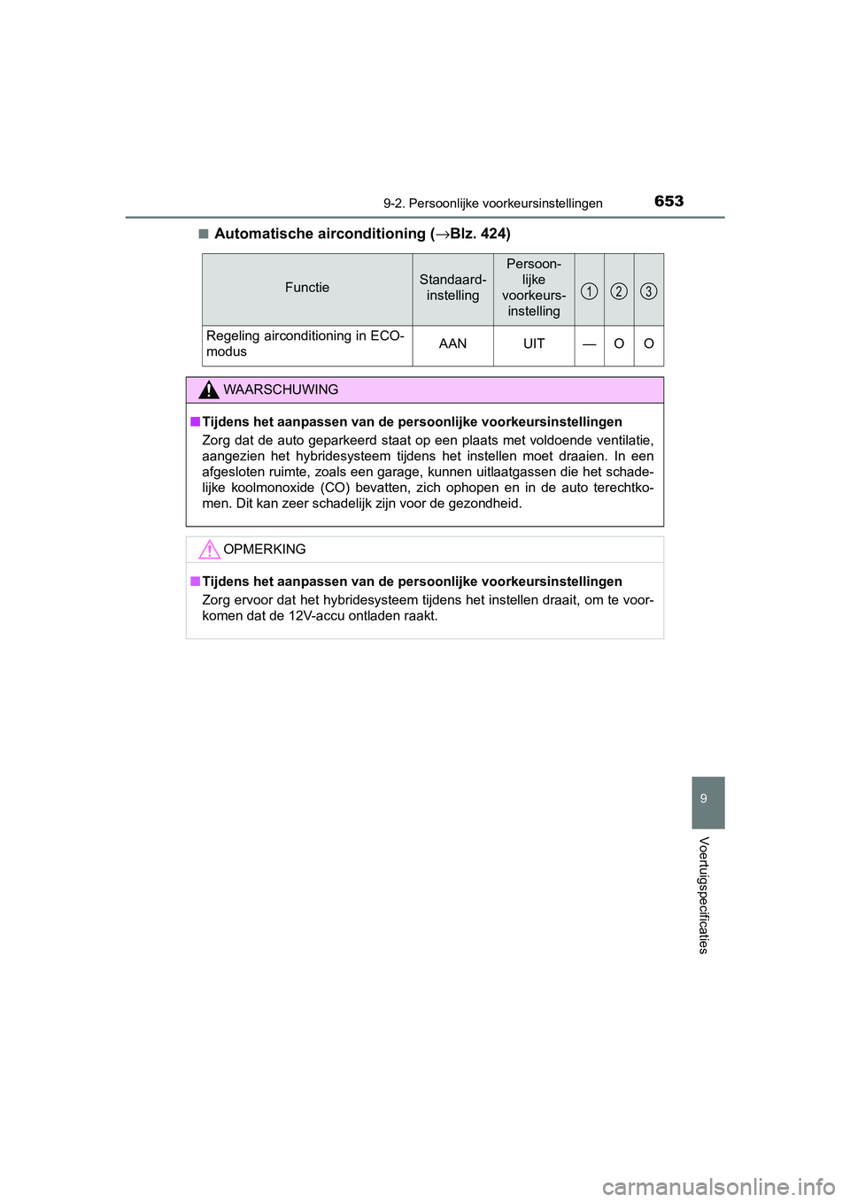 TOYOTA YARIS 2019  Instructieboekje (in Dutch) 6539-2. Persoonlijke voorkeursinstellingen
9
Voertuigspecificaties
YARIS_HV_OM_Europe_OM52K29E■
Automatische a
irconditioning (→Blz. 424)
FunctieStandaard-
instelling
Persoon- lijke
voorkeurs-
ins