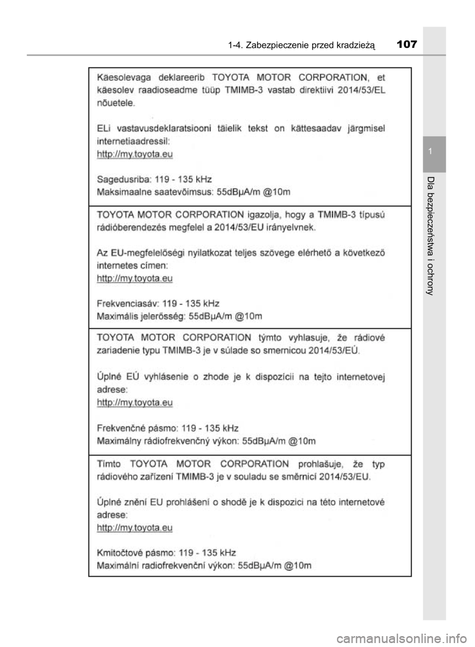 TOYOTA YARIS 2019  Instrukcja obsługi (in Polish) 1-4. Zabezpieczenie przed kradzie˝à107
1
Dla bezpieczeƒstwa i ochrony
38 YARIS HV OM52K29E  9/24/18  10:11 AM  Page 107    (Black plate) 