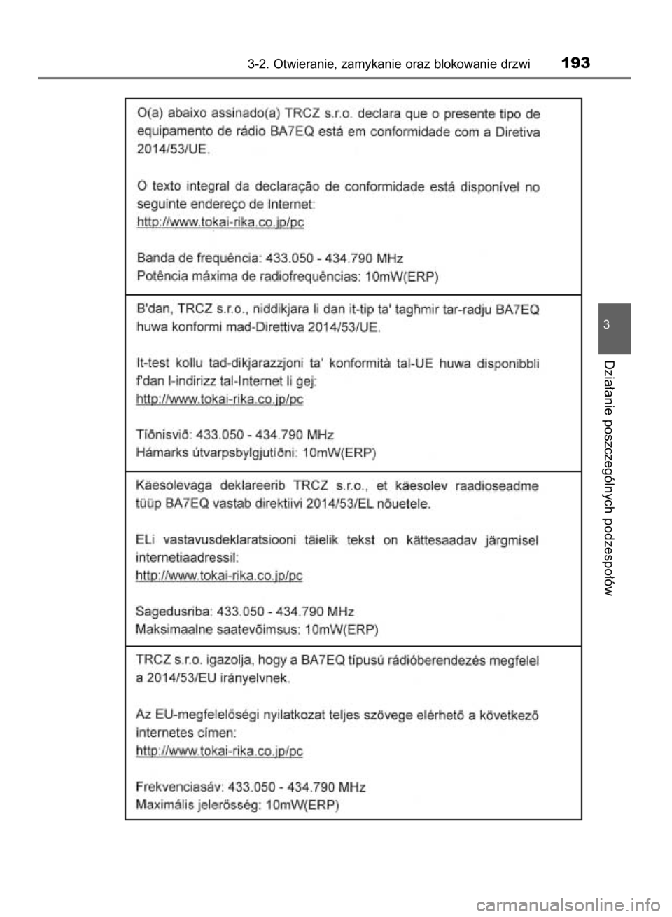 TOYOTA YARIS 2019  Instrukcja obsługi (in Polish) 3-2. Otwieranie, zamykanie oraz blokowanie drzwi193
3
Dzia∏anie poszczególnych podzespo∏ów
38 YARIS HV OM52K29E  9/24/18  10:12 AM  Page 193    (Black plate) 