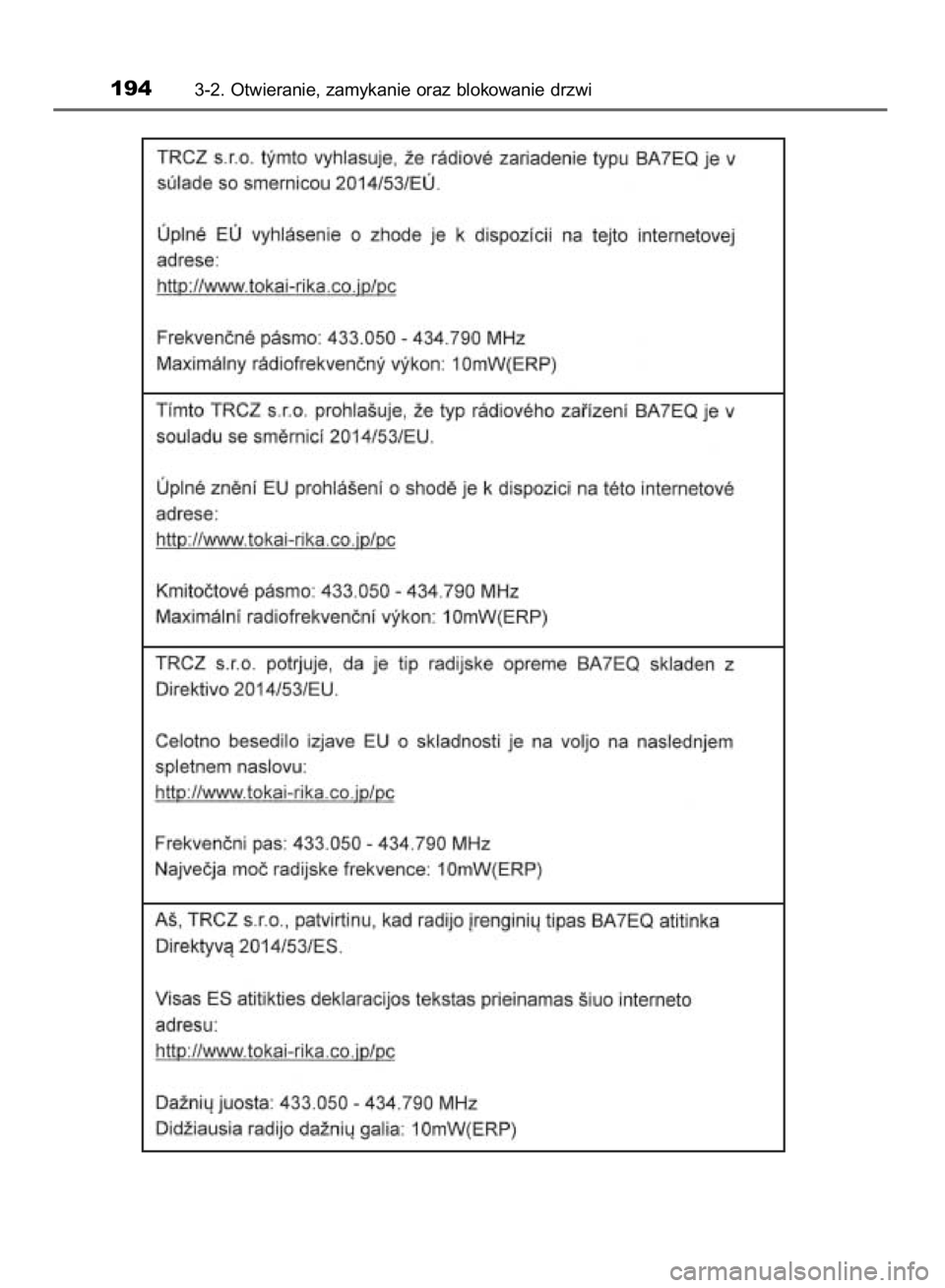 TOYOTA YARIS 2019  Instrukcja obsługi (in Polish) 1943-2. Otwieranie, zamykanie oraz blokowanie drzwi
38 YARIS HV OM52K29E  9/24/18  10:12 AM  Page 194    (Black plate) 