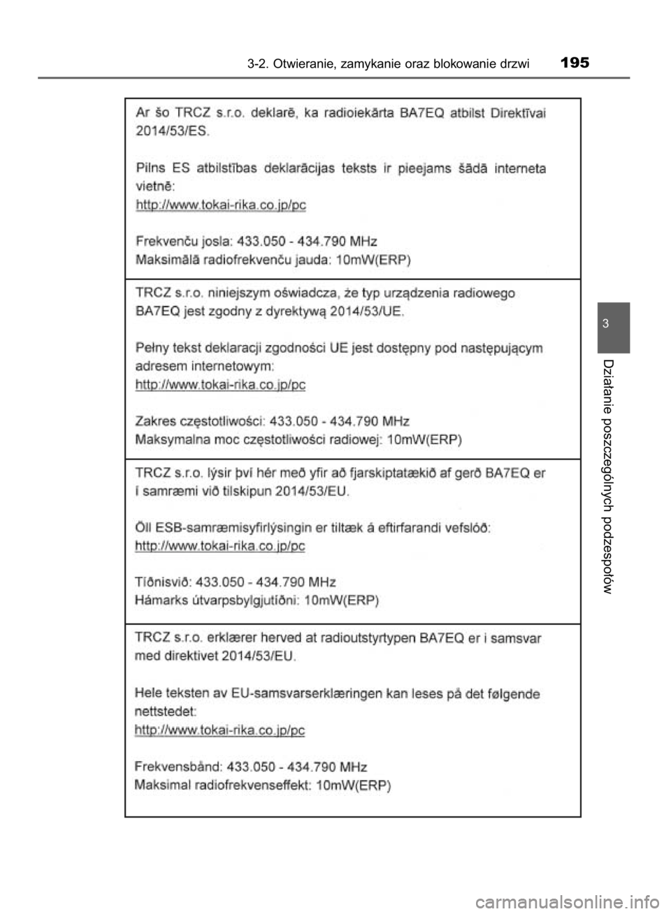 TOYOTA YARIS 2019  Instrukcja obsługi (in Polish) 3-2. Otwieranie, zamykanie oraz blokowanie drzwi195
3
Dzia∏anie poszczególnych podzespo∏ów
38 YARIS HV OM52K29E  9/24/18  10:12 AM  Page 195    (Black plate) 