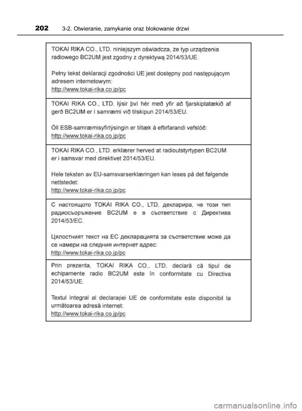 TOYOTA YARIS 2019 Instrukcja obsługi (in Polish) 2023-2. Otwieranie, zamykanie oraz blokowanie drzwi
38 YARIS HV OM52K29E 9/24/18 10:12 AM Page 202 (Black plate) TOYOTA YARIS 2019 Instrukcja obsługi (in Polish) 2023-2. Otwieranie, zamykanie oraz blokowanie drzwi
38 YARIS HV OM52K29E 9/24/18 10:12 AM Page 202 (Black plate)