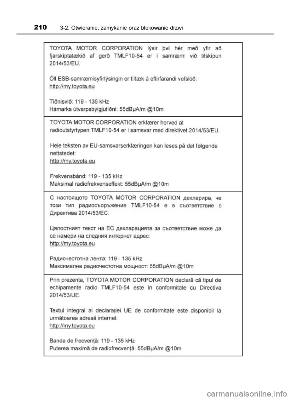 TOYOTA YARIS 2019 Instrukcja obsługi (in Polish) 2103-2. Otwieranie, zamykanie oraz blokowanie drzwi
38 YARIS HV OM52K29E 9/24/18 10:12 AM Page 210 (Black plate) TOYOTA YARIS 2019 Instrukcja obsługi (in Polish) 2103-2. Otwieranie, zamykanie oraz blokowanie drzwi
38 YARIS HV OM52K29E 9/24/18 10:12 AM Page 210 (Black plate)