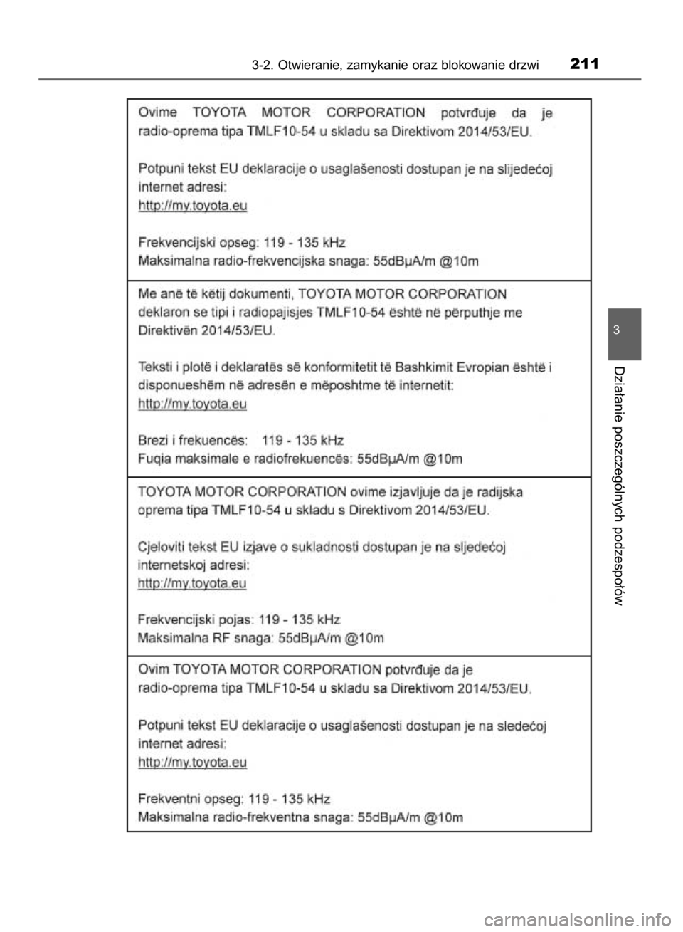 TOYOTA YARIS 2019  Instrukcja obsługi (in Polish) 3-2. Otwieranie, zamykanie oraz blokowanie drzwi211
3
Dzia∏anie poszczególnych podzespo∏ów
38 YARIS HV OM52K29E  9/24/18  10:12 AM  Page 211    (Black plate) 