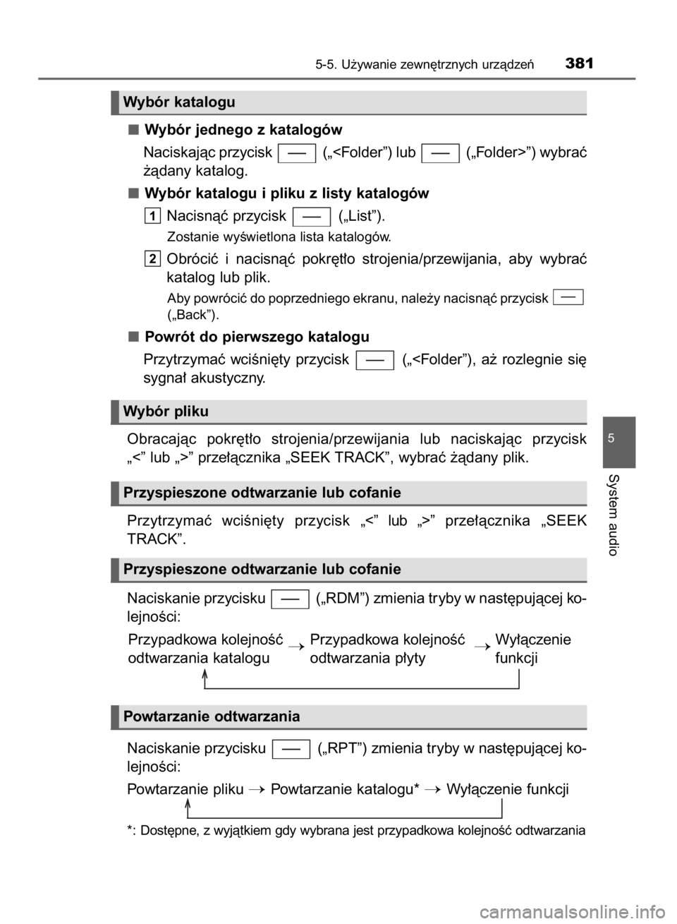 TOYOTA YARIS 2019  Instrukcja obsługi (in Polish) Wybór jednego z katalogów
Naciskajàc przycisk  („<Folder”) lub  („Folder>”) wybraç
˝àdany katalog.
Wybór katalogu i pliku z listy katalogów
Nacisnàç przycisk  („List”).
Zostanie 