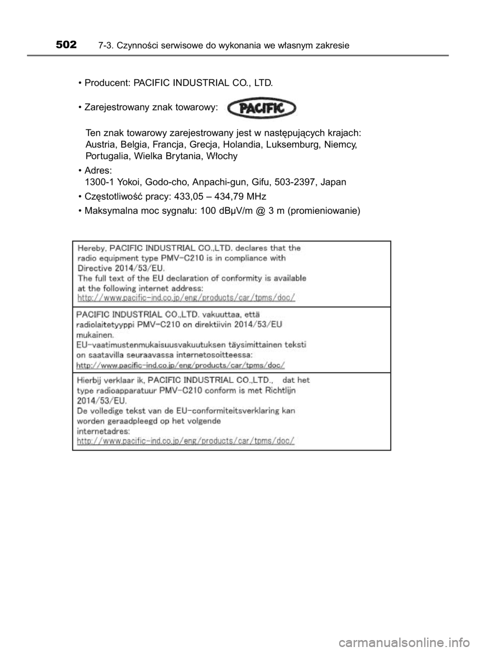 TOYOTA YARIS 2019  Instrukcja obsługi (in Polish) 5027-3. CzynnoÊci serwisowe do wykonania we w∏asnym zakresie
• Producent: PACIFIC INDUSTRIAL CO., LTD.
• Zarejestrowany znak towarowy:
Ten znak towarowy zarejestrowany jest w nast´pujàcych kr