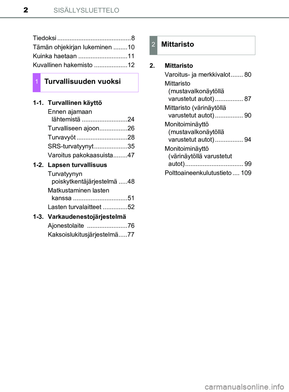 TOYOTA YARIS 2019  Omistajan Käsikirja (in Finnish) SISÄLLYSLUETTELO2
YARIS_F_OM_Europe_OM52K19FITiedoksi ..........................................8
Tämän ohjekirjan lukeminen ........10
Kuinka haetaan ............................11
Kuvallinen hake