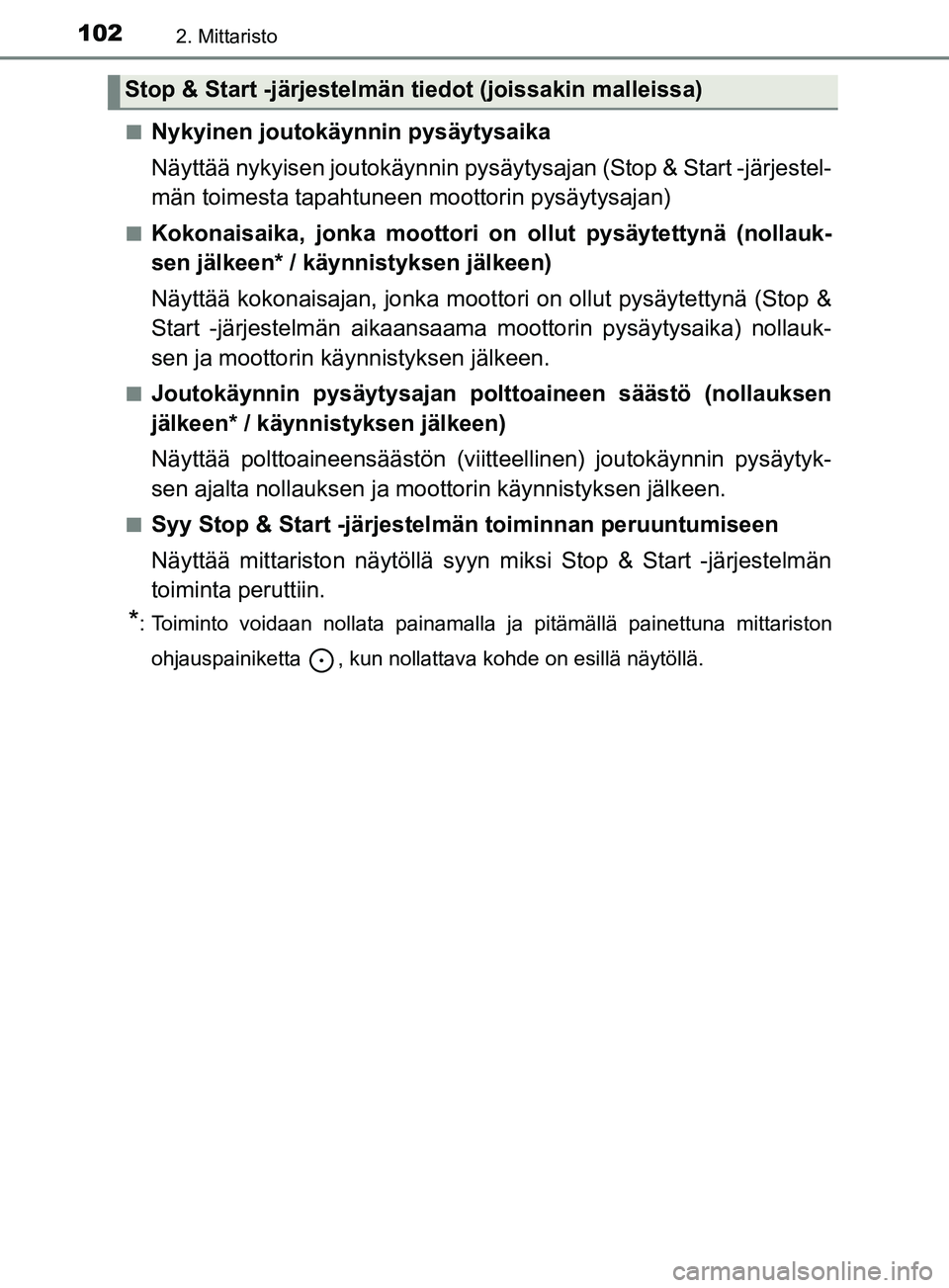 TOYOTA YARIS 2019  Omistajan Käsikirja (in Finnish) 1022. Mittaristo
YARIS_F_OM_Europe_OM52K19FIn
Nykyinen joutokäynnin pysäytysaika
Näyttää nykyisen joutokäynnin pysäytysajan (Stop & Start -järjestel-
män toimesta tapahtuneen moottorin pysäy