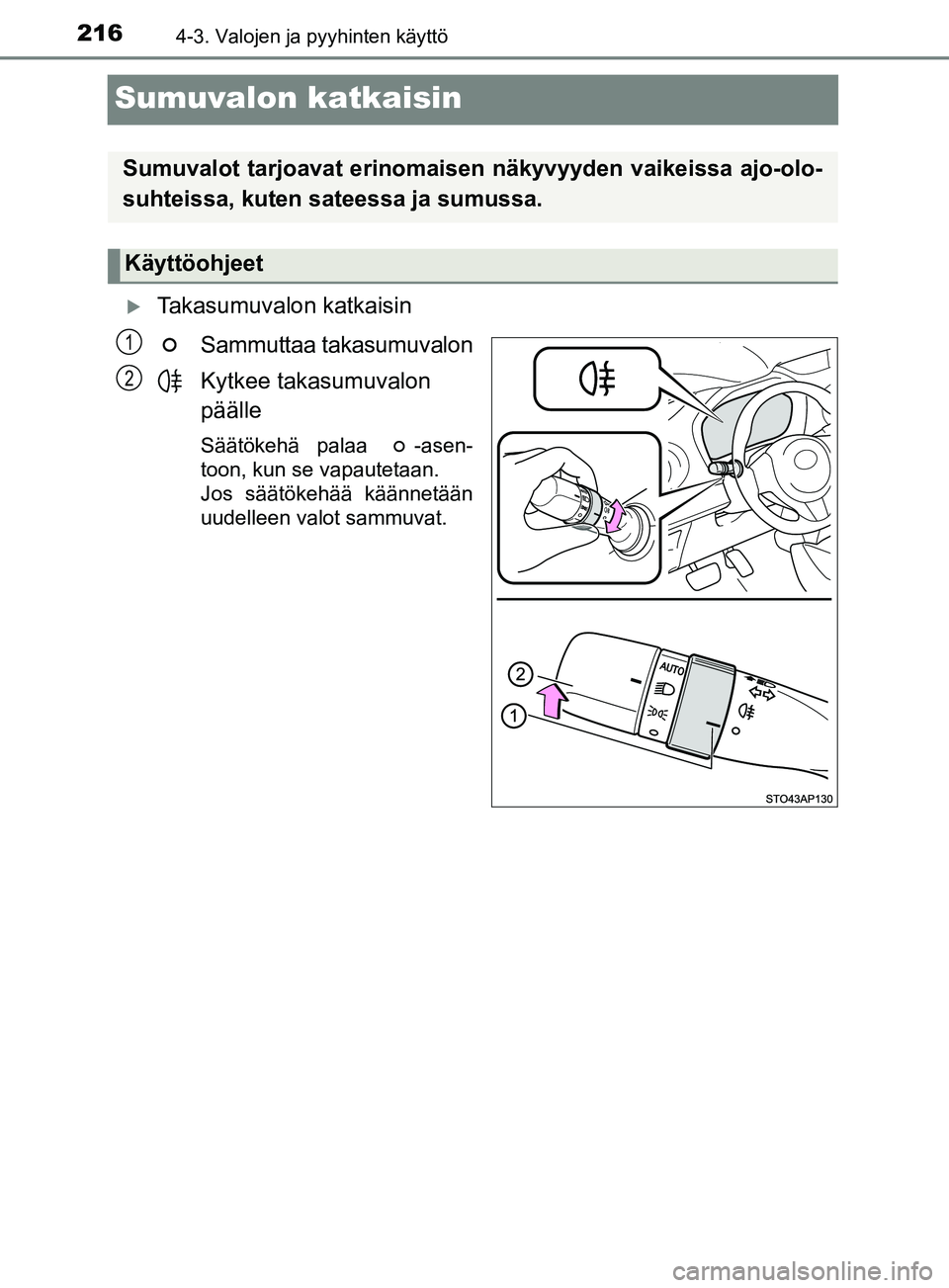 TOYOTA YARIS 2019 Omistajan Käsikirja (in Finnish) 2164-3. Valojen ja pyyhinten käyttö
YARIS_F_OM_Europe_OM52K19FI
Sumuvalon katkaisin
Takasumuvalon katkaisinSammuttaa takasumuvalon
Kytkee takasumuvalon
päälle
Säätökehä palaa -asen-
toon TOYOTA YARIS 2019 Omistajan Käsikirja (in Finnish) 2164-3. Valojen ja pyyhinten käyttö
YARIS_F_OM_Europe_OM52K19FI
Sumuvalon katkaisin
Takasumuvalon katkaisinSammuttaa takasumuvalon
Kytkee takasumuvalon
päälle
Säätökehä palaa -asen-
toon