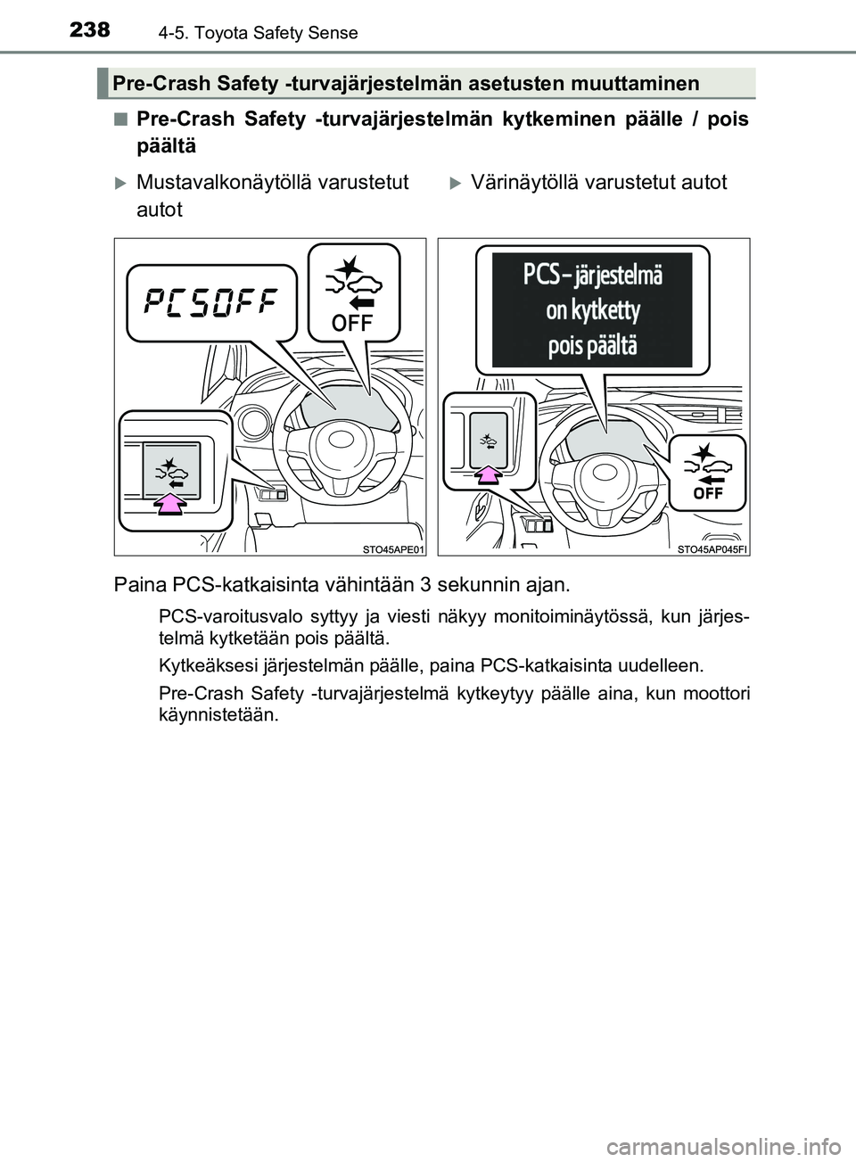 TOYOTA YARIS 2019 Omistajan Käsikirja (in Finnish) 2384-5. Toyota Safety Sense
YARIS_F_OM_Europe_OM52K19FIn
Pre-Crash Safety -turvajärjestelmän kytkeminen päälle / pois
päältä
Paina PCS-katkaisinta vähintään 3 sekunnin ajan.
PCS-varoitusvalo TOYOTA YARIS 2019 Omistajan Käsikirja (in Finnish) 2384-5. Toyota Safety Sense
YARIS_F_OM_Europe_OM52K19FIn
Pre-Crash Safety -turvajärjestelmän kytkeminen päälle / pois
päältä
Paina PCS-katkaisinta vähintään 3 sekunnin ajan.
PCS-varoitusvalo