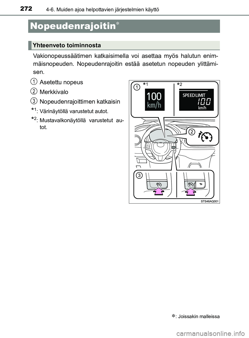 TOYOTA YARIS 2019 Omistajan Käsikirja (in Finnish) 2724-6. Muiden ajoa helpottavien järjestelmien käyttö
YARIS_F_OM_Europe_OM52K19FI
Nopeudenrajoitin
Vakionopeussäätimen katkaisimella voi asettaa myös halutun enim-
mäisnopeuden. Nopeudenrajo TOYOTA YARIS 2019 Omistajan Käsikirja (in Finnish) 2724-6. Muiden ajoa helpottavien järjestelmien käyttö
YARIS_F_OM_Europe_OM52K19FI
Nopeudenrajoitin
Vakionopeussäätimen katkaisimella voi asettaa myös halutun enim-
mäisnopeuden. Nopeudenrajo