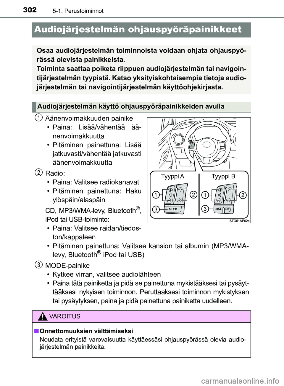 TOYOTA YARIS 2019  Omistajan Käsikirja (in Finnish) 3025-1. Perustoiminnot
YARIS_F_OM_Europe_OM52K19FI
Audiojärjestelmän ohjauspyöräpainikkeet
Äänenvoimakkuuden painike
• Paina: Lisää/vähentää ää- nenvoimakkuutta
• Pitäminen painettun