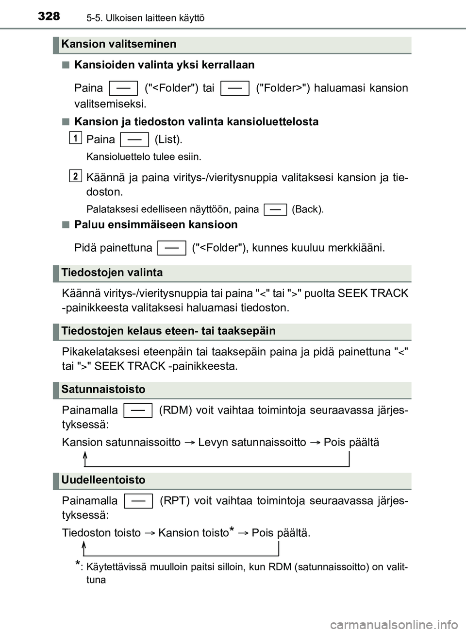 TOYOTA YARIS 2019  Omistajan Käsikirja (in Finnish) 3285-5. Ulkoisen laitteen käyttö
YARIS_F_OM_Europe_OM52K19FIn
Kansioiden valinta yksi kerrallaan
Paina   ("<Folder") tai   ("Folder>") haluamasi kansion
valitsemiseksi.
nKansion ja tiedoston valinta