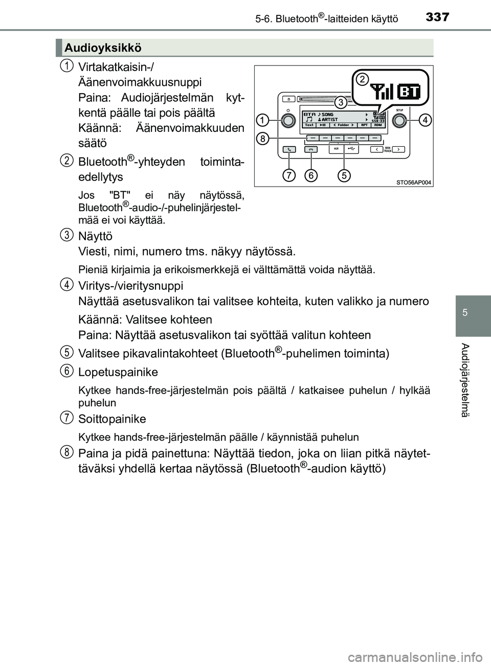 TOYOTA YARIS 2019  Omistajan Käsikirja (in Finnish) 3375-6. Bluetooth®-laitteiden käyttö
5
Audiojärjestelmä
YARIS_F_OM_Europe_OM52K19FI
Virtakatkaisin-/
Äänenvoimakkuusnuppi
Paina: Audiojärjestelmän  kyt-
kentä päälle tai pois päältä
Kä