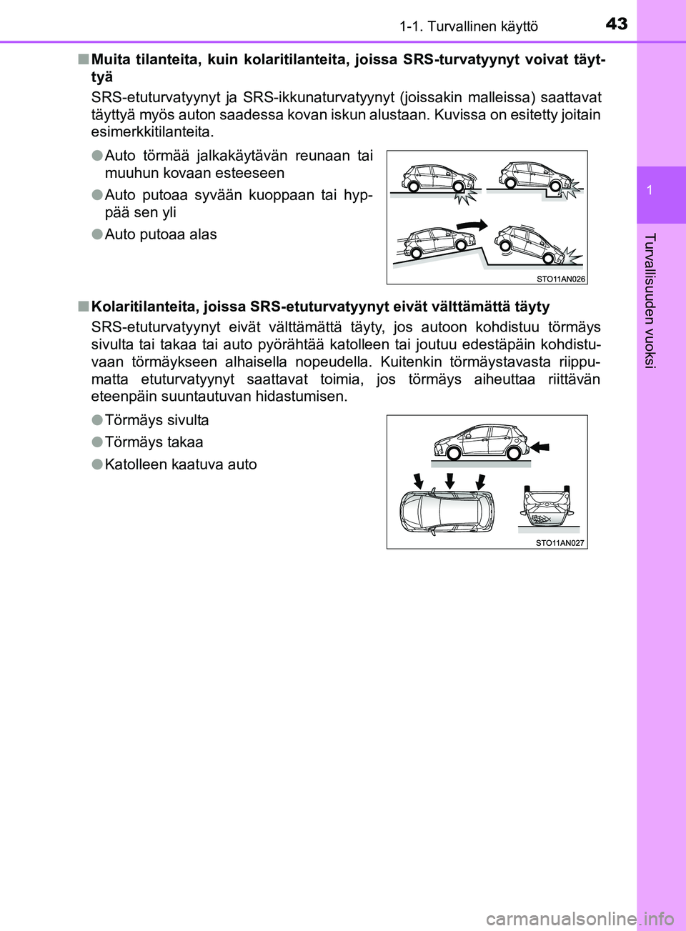 TOYOTA YARIS 2019  Omistajan Käsikirja (in Finnish) 431-1. Turvallinen käyttö
1
Turvallisuuden vuoksi
YARIS_F_OM_Europe_OM52K19FIn
Muita tilanteita, kuin kolaritilanteita, joissa SRS-turvatyyn yt voivat täyt-
tyä
SRS-etuturvatyynyt ja SRS-ikkunatur