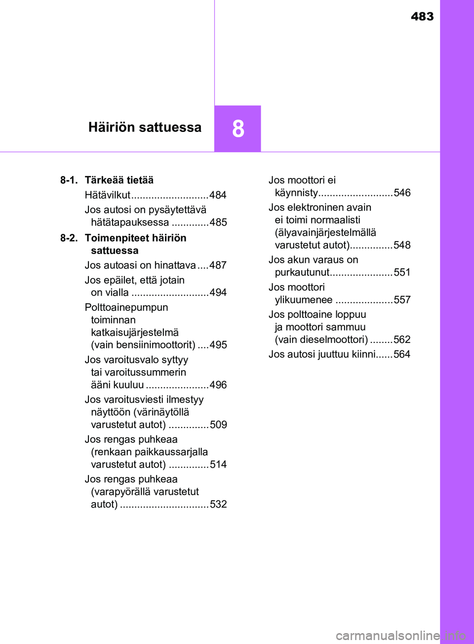 TOYOTA YARIS 2019  Omistajan Käsikirja (in Finnish) 483
8Häiriön sattuessa
YARIS_F_OM_Europe_OM52K19FI8-1. Tärkeää tietää
Hätävilkut ........................... 484
Jos autosi on pysäytettävä hätätapauksessa ............. 485
8-2. Toimenp
