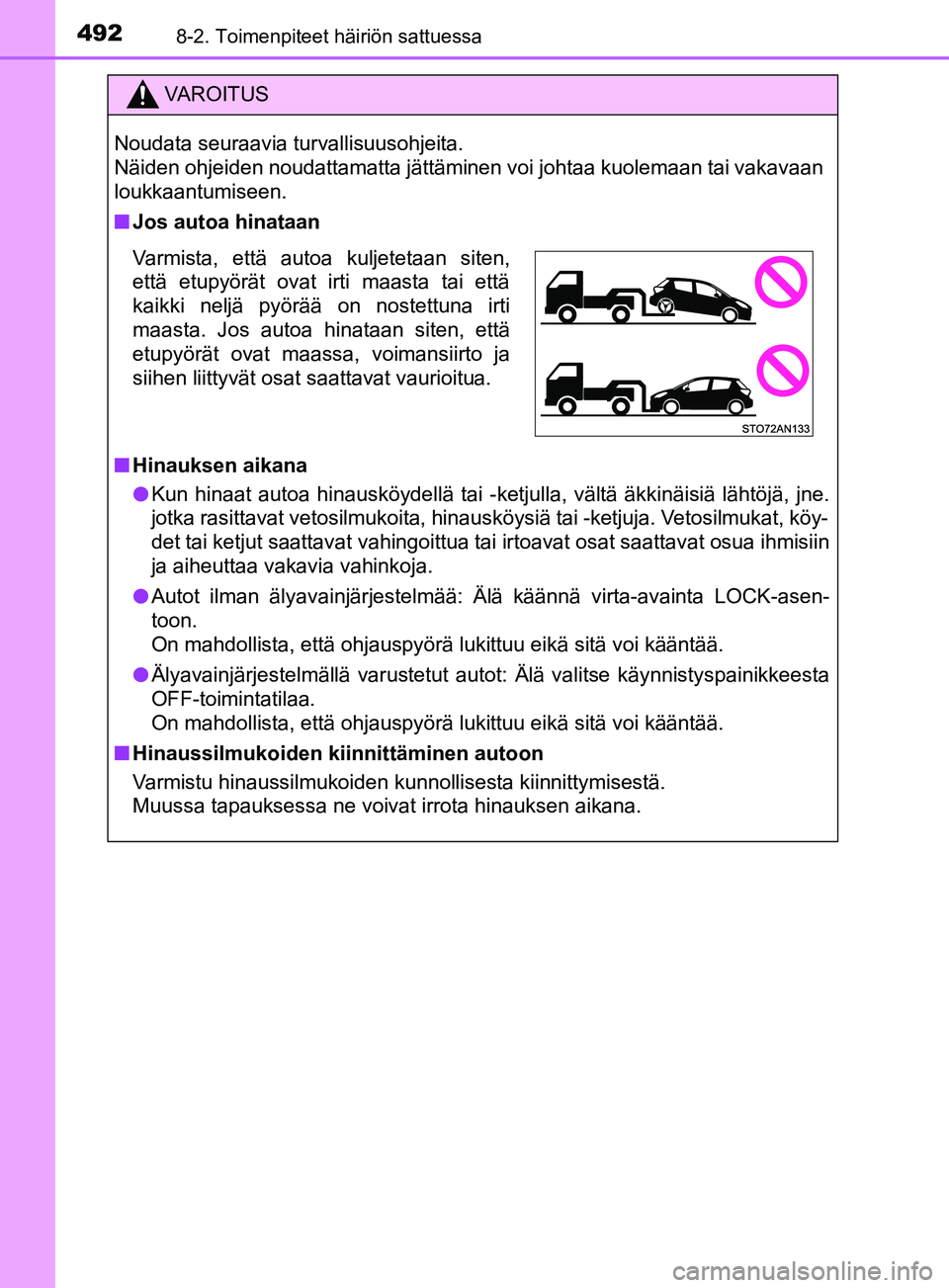 TOYOTA YARIS 2019  Omistajan Käsikirja (in Finnish) 4928-2. Toimenpiteet häiriön sattuessa
YARIS_F_OM_Europe_OM52K19FI
VAROITUS
Noudata seuraavia turvallisuusohjeita. 
Näiden ohjeiden noudattamatta jättäminen voi johtaa kuolemaan tai vakavaan
louk