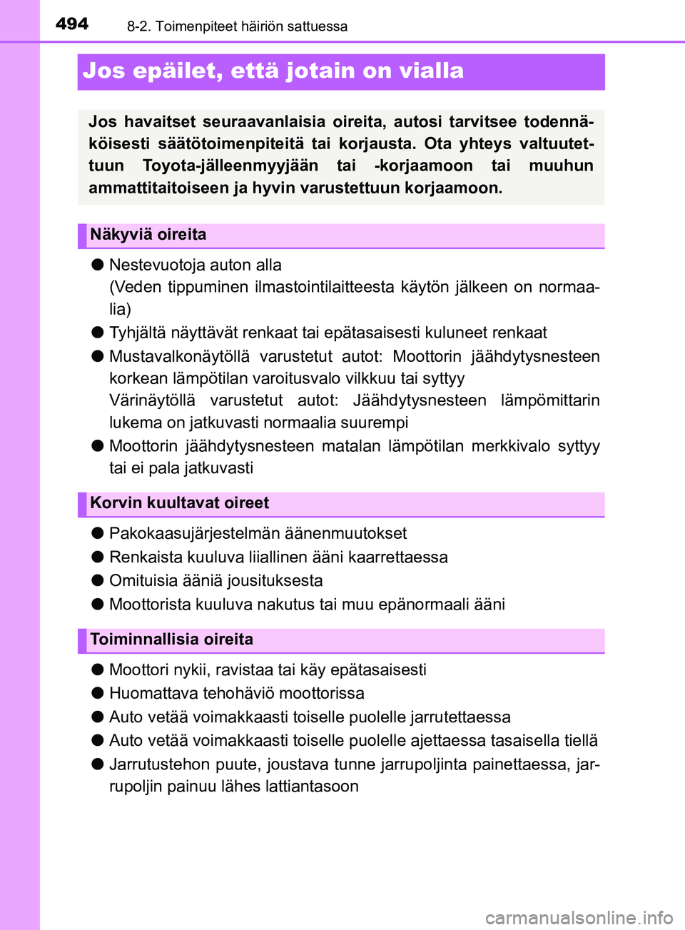 TOYOTA YARIS 2019  Omistajan Käsikirja (in Finnish) 4948-2. Toimenpiteet häiriön sattuessa
YARIS_F_OM_Europe_OM52K19FI
Jos epäilet, että jotain on vialla
lNestevuotoja auton alla
(Veden tippuminen ilmastointilait teesta käytön jälkeen on normaa-