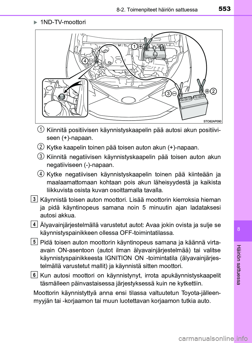 TOYOTA YARIS 2019  Omistajan Käsikirja (in Finnish) 5538-2. Toimenpiteet häiriön sattuessa
8
Häiriön sattuessa
YARIS_F_OM_Europe_OM52K19FI
1ND-TV-moottoriKiinnitä positiivisen kä ynnistyskaapelin pää autosi akun positiivi-
seen (+)-napaan.
K