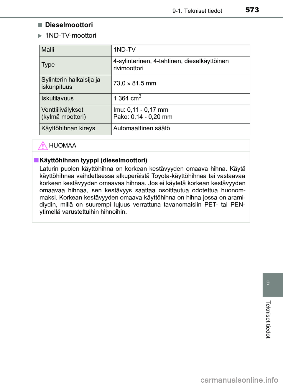 TOYOTA YARIS 2019  Omistajan Käsikirja (in Finnish) 5739-1. Tekniset tiedot
9
Tekniset tiedot
YARIS_F_OM_Europe_OM52K19FIn
Dieselmoottori
1ND-TV-moottori
Malli1ND-TV
Ty p e4-sylinterinen, 4-tahtinen, dieselkäyttöinen 
rivimoottori
Sylinterin halka