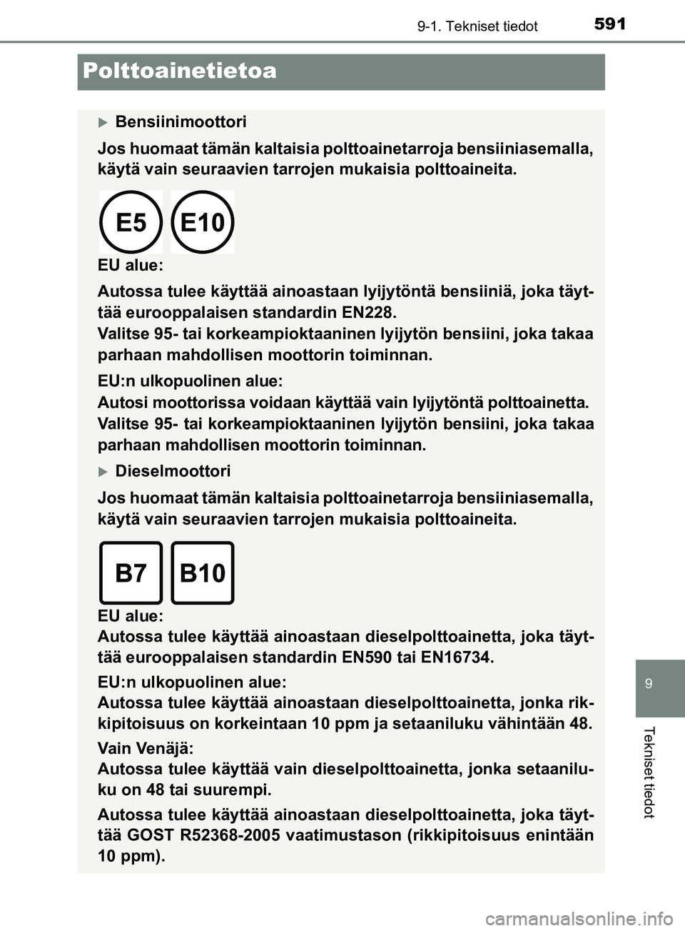 TOYOTA YARIS 2019  Omistajan Käsikirja (in Finnish) 5919-1. Tekniset tiedot
9
Tekniset tiedot
YARIS_F_OM_Europe_OM52K19FI
Polttoainetietoa
Bensiinimoottori
Jos huomaat tämän kaltaisia polttoainetarroja bensiiniasemalla,
käytä vain seuraavien tar