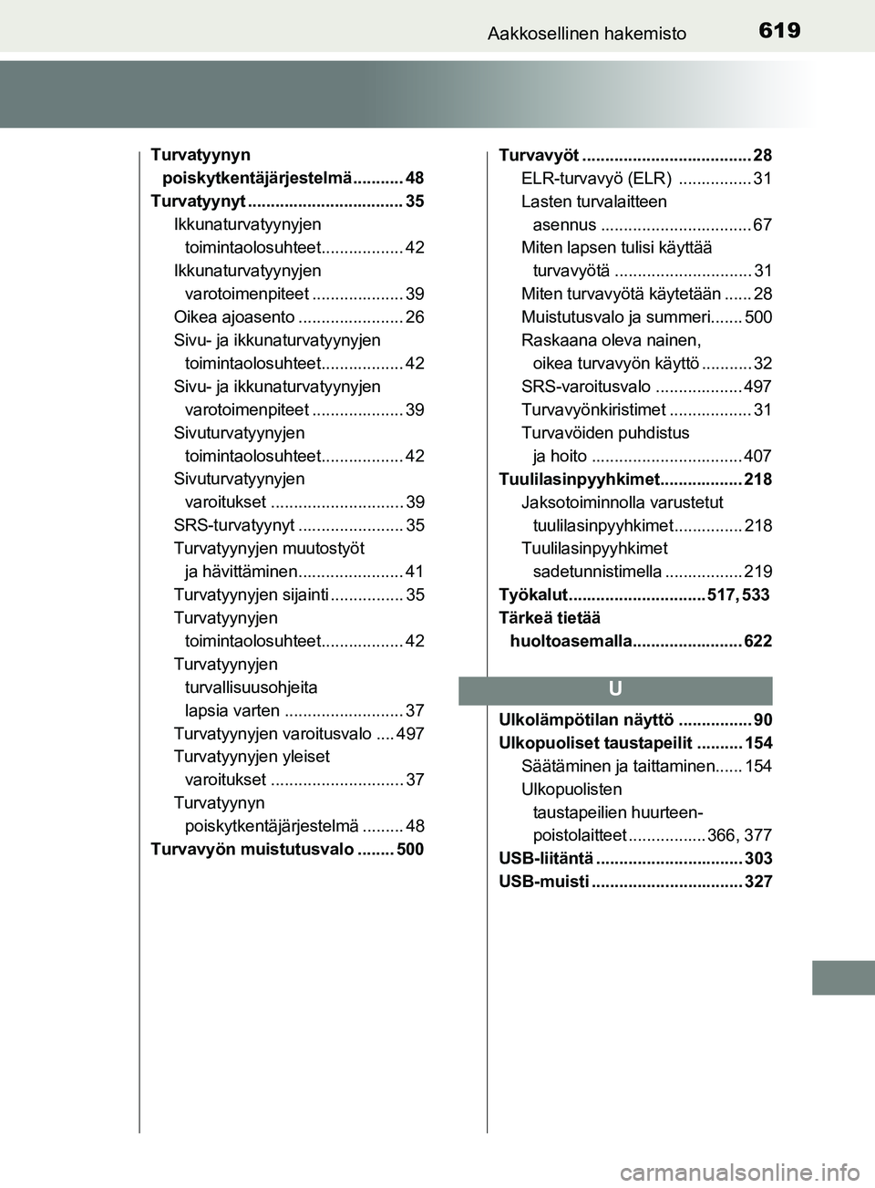 TOYOTA YARIS 2019  Omistajan Käsikirja (in Finnish) 619Aakkosellinen hakemisto
YARIS_F_OM_Europe_OM52K19FI
Turvatyynyn poiskytkentäjärjestelmä ........... 48
Turvatyynyt .................................. 35 Ikkunaturvatyynyjen toimintaolosuhteet...