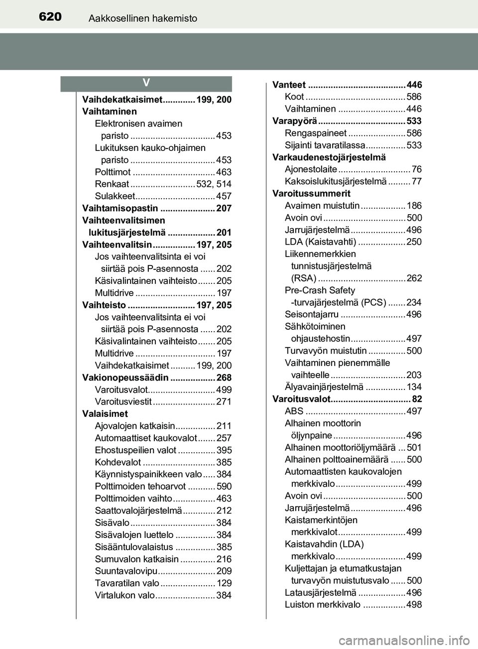 TOYOTA YARIS 2019  Omistajan Käsikirja (in Finnish) 620Aakkosellinen hakemisto
YARIS_F_OM_Europe_OM52K19FI
Vaihdekatkaisimet ............. 199, 200
VaihtaminenElektronisen avaimen 
paristo .................................. 453
Lukituksen kauko-ohjaime
