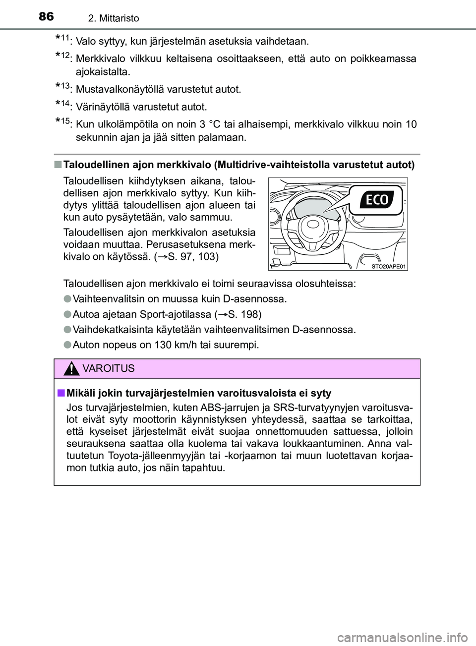 TOYOTA YARIS 2019  Omistajan Käsikirja (in Finnish) 862. Mittaristo
YARIS_F_OM_Europe_OM52K19FI
*11: Valo syttyy, kun järjestelmän asetuksia vaihdetaan.
*12: Merkkivalo vilkkuu keltaisena osoittaakseen, että auto on poikkeamassaajokaistalta.
*13: Mu