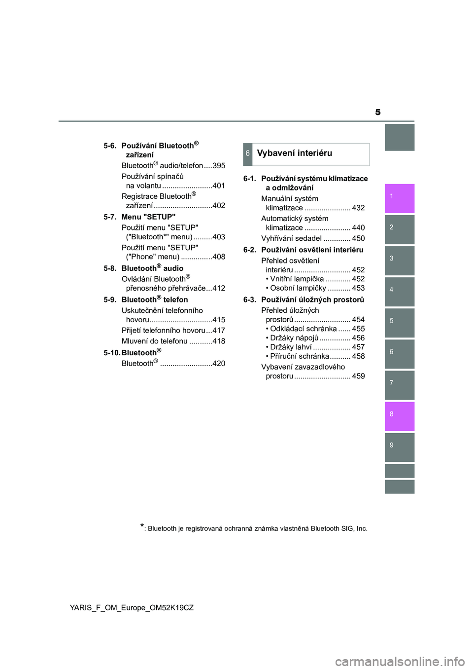 TOYOTA YARIS 2019  Návod na použití (in Czech) 5
1
7
8 6 5
4
3
2
9
YARIS_F_OM_Europe_OM52K19CZ5-6. Používání Bluetooth
® 
zařízení
Bluetooth
® audio/telefon ....395
Používání spínačů 
na volantu ........................401
Registra