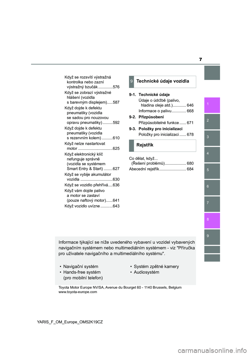 TOYOTA YARIS 2019  Návod na použití (in Czech) 7
1
7
8 6 5
4
3
2
9
YARIS_F_OM_Europe_OM52K19CZKdyž se rozsvítí výstražná 
kontrolka nebo zazní 
výstražný bzučák .............576
Když se zobrazí výstražné 
hlášení (vozidla 
s ba