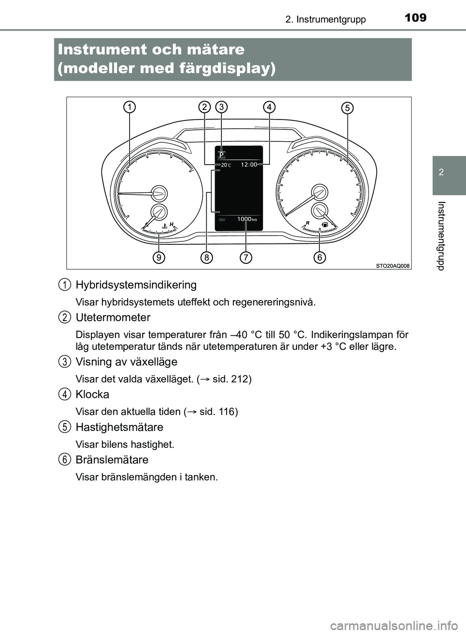 TOYOTA YARIS 2019 Bruksanvisningar (in Swedish) 109
2
2. Instrumentgrupp
Instrumentgrupp
YARIS_HV_OM_Europe_OM52K29SE
Instrument och mätare
(modeller med färgdisplay)
Hybridsystemsindikering
Visar hybridsystemets uteffekt och regenereringsnivå. TOYOTA YARIS 2019 Bruksanvisningar (in Swedish) 109
2
2. Instrumentgrupp
Instrumentgrupp
YARIS_HV_OM_Europe_OM52K29SE
Instrument och mätare
(modeller med färgdisplay)
Hybridsystemsindikering
Visar hybridsystemets uteffekt och regenereringsnivå.