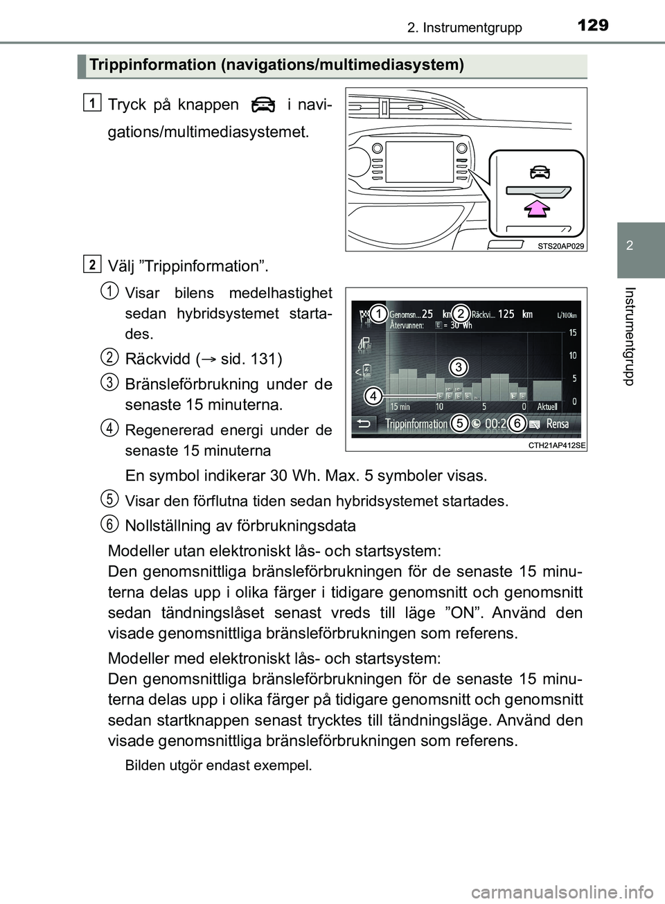 TOYOTA YARIS 2019 Bruksanvisningar (in Swedish) 1292. Instrumentgrupp
2
Instrumentgrupp
YARIS_HV_OM_Europe_OM52K29SE
Tryck på knappen i navi-
gations/multimediasystemet.
Välj ”Trippinformation”.
Visar bilens medelhastighet
sedan hybridsyste TOYOTA YARIS 2019 Bruksanvisningar (in Swedish) 1292. Instrumentgrupp
2
Instrumentgrupp
YARIS_HV_OM_Europe_OM52K29SE
Tryck på knappen i navi-
gations/multimediasystemet.
Välj ”Trippinformation”.
Visar bilens medelhastighet
sedan hybridsyste