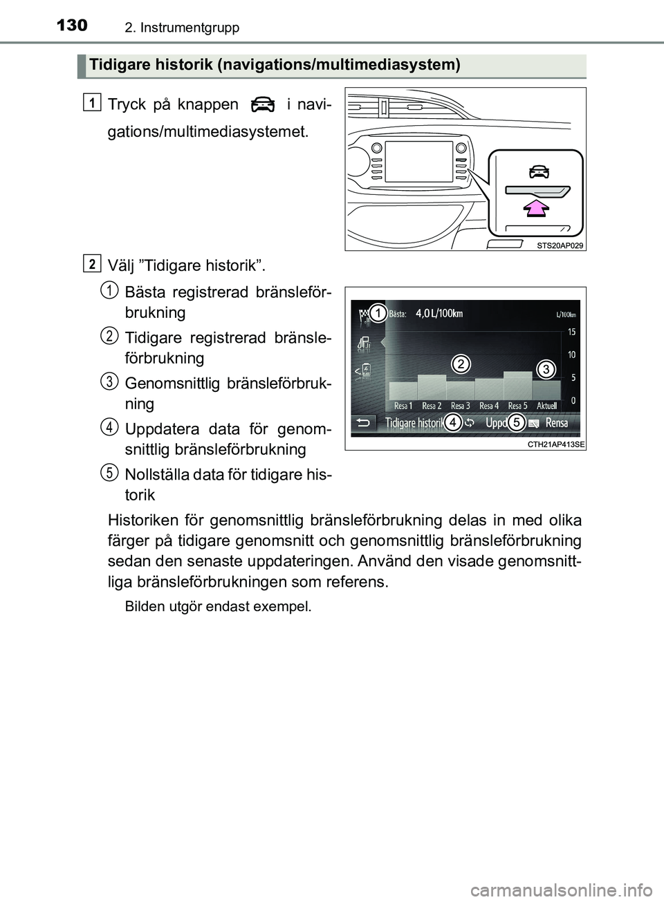 TOYOTA YARIS 2019 Bruksanvisningar (in Swedish) 1302. Instrumentgrupp
YARIS_HV_OM_Europe_OM52K29SE
Tryck på knappen i navi-
gations/multimediasystemet.
Välj ”Tidigare historik”.Bästa registrerad bränsleför-
brukning
Tidigare registrerad TOYOTA YARIS 2019 Bruksanvisningar (in Swedish) 1302. Instrumentgrupp
YARIS_HV_OM_Europe_OM52K29SE
Tryck på knappen i navi-
gations/multimediasystemet.
Välj ”Tidigare historik”.Bästa registrerad bränsleför-
brukning
Tidigare registrerad