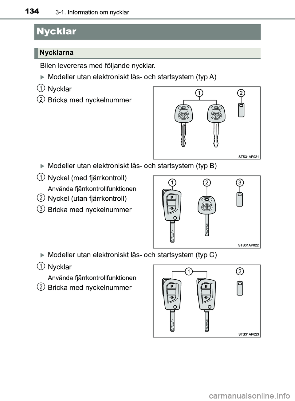 TOYOTA YARIS 2019 Bruksanvisningar (in Swedish) 1343-1. Information om nycklar
YARIS_HV_OM_Europe_OM52K29SE
Nycklar
Bilen levereras med följande nycklar.
Modeller utan elektroniskt lås- och startsystem (typ A)
Nycklar
Bricka med nyckelnummer
TOYOTA YARIS 2019 Bruksanvisningar (in Swedish) 1343-1. Information om nycklar
YARIS_HV_OM_Europe_OM52K29SE
Nycklar
Bilen levereras med följande nycklar.
Modeller utan elektroniskt lås- och startsystem (typ A)
Nycklar
Bricka med nyckelnummer
