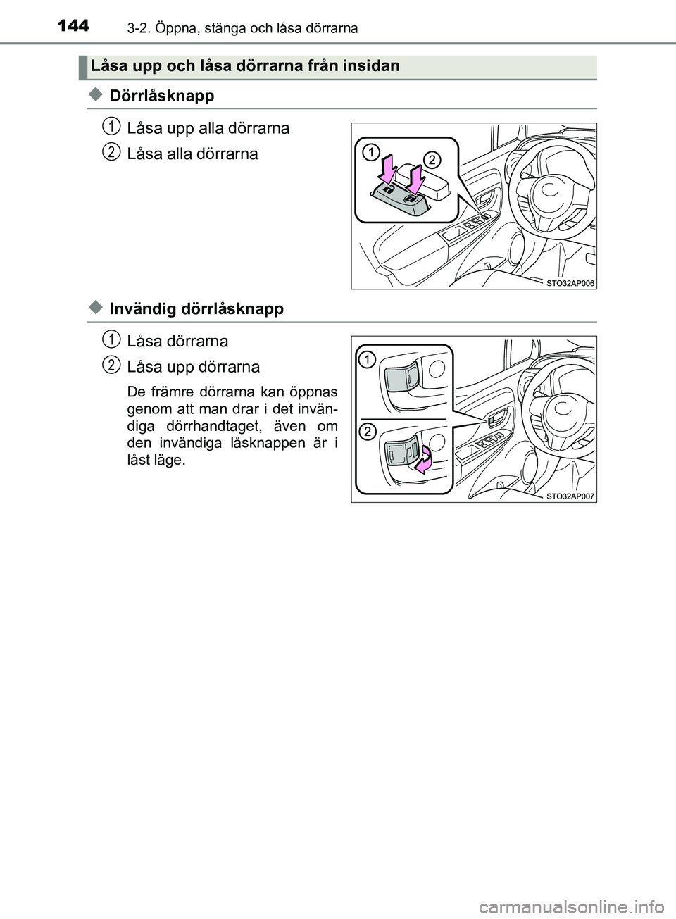 TOYOTA YARIS 2019 Bruksanvisningar (in Swedish) 1443-2. Öppna, stänga och låsa dörrarna
YARIS_HV_OM_Europe_OM52K29SE
uDörrlåsknappLåsa upp alla dörrarna
Låsa alla dörrarna
uInvändig dörrlåsknappLåsa dörrarna
Låsa upp dörrarna
De fr TOYOTA YARIS 2019 Bruksanvisningar (in Swedish) 1443-2. Öppna, stänga och låsa dörrarna
YARIS_HV_OM_Europe_OM52K29SE
uDörrlåsknappLåsa upp alla dörrarna
Låsa alla dörrarna
uInvändig dörrlåsknappLåsa dörrarna
Låsa upp dörrarna
De fr