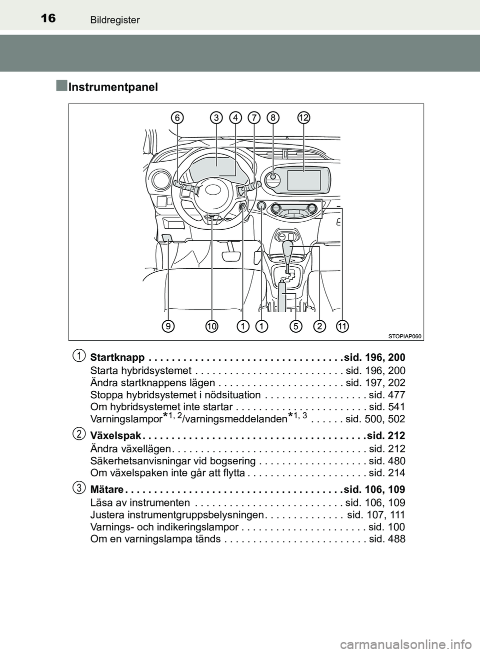 TOYOTA YARIS 2019  Bruksanvisningar (in Swedish) 16Bildregister
YARIS_HV_OM_Europe_OM52K29SE
nInstrumentpanel
Startknapp  . . . . . . . . . . . . . . . . . . . . . . . . . . . . . . . . . . sid. 196, 200
Starta hybridsystemet  . . . . . . . . . . . 