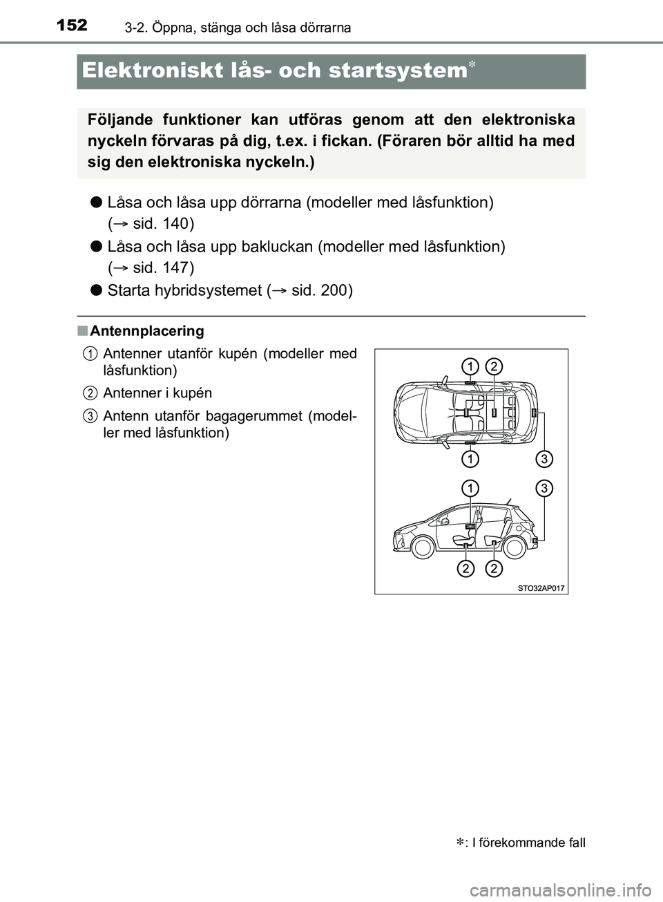 TOYOTA YARIS 2019 Bruksanvisningar (in Swedish) 1523-2. Öppna, stänga och låsa dörrarna
YARIS_HV_OM_Europe_OM52K29SE
Elektroniskt lås- och startsystem
lLåsa och låsa upp dörrarna (modeller med låsfunktion)
( sid. 140)
l Låsa och l TOYOTA YARIS 2019 Bruksanvisningar (in Swedish) 1523-2. Öppna, stänga och låsa dörrarna
YARIS_HV_OM_Europe_OM52K29SE
Elektroniskt lås- och startsystem
lLåsa och låsa upp dörrarna (modeller med låsfunktion)
( sid. 140)
l Låsa och l